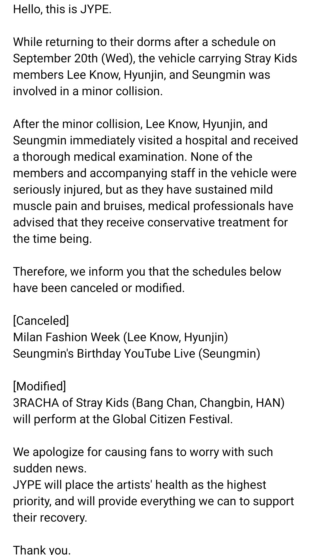 Comunicado oficial de JYP Entertainment