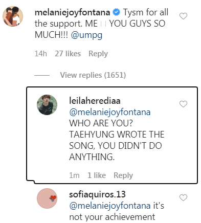 Comentario de un seguidor de BTS acusando a Melanie Joy Fontana de darse crédito por la canción 'Sweet Night' de V