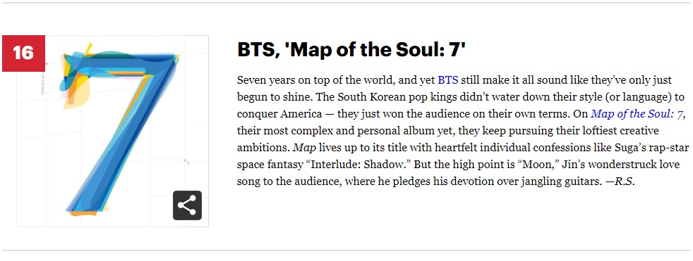 Rolling Stone: "Map of the Soul: 7" de BTS entre los mejores álbumes del 2020