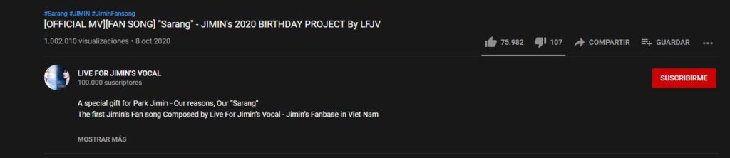 El MV para Jimin de BTS 'Sarang' sobre pasa 1 Millon de vistas