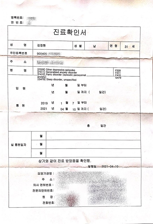 Certificado médico de Kim Jung Hyun