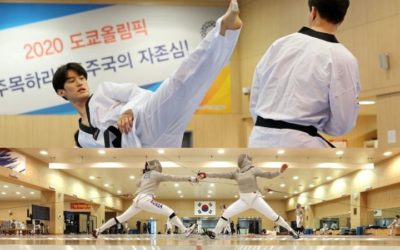 Atletas de taekwondo y esgrima practican para los Juegos Olímpicos