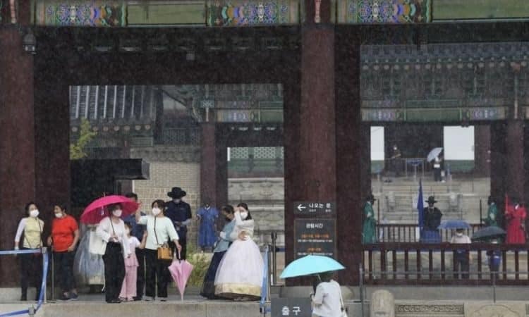 Visitantes al palacio Gyeongbok se protegen de la lluvia