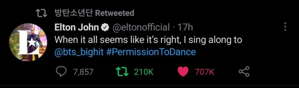 La leyenda musical Elton John muestra su apoyo a BTS por 'Permission to Dance'